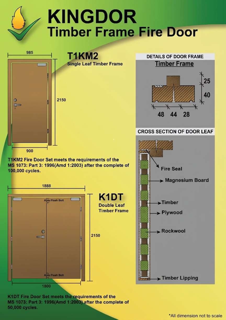 Kingdor timber frame fire door specifications - T1KM2 single leaf and K1DT double leaf