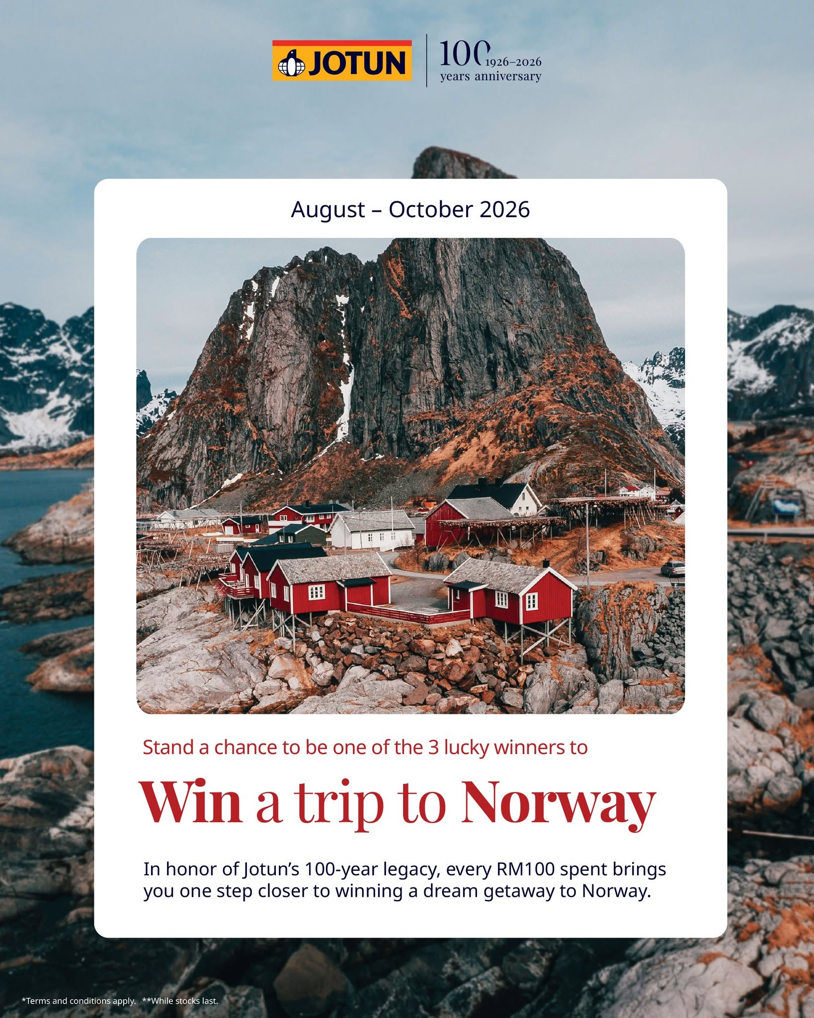 Jotun 100 years anniversary - Win a trip to Norway lucky draw, August to October 2026